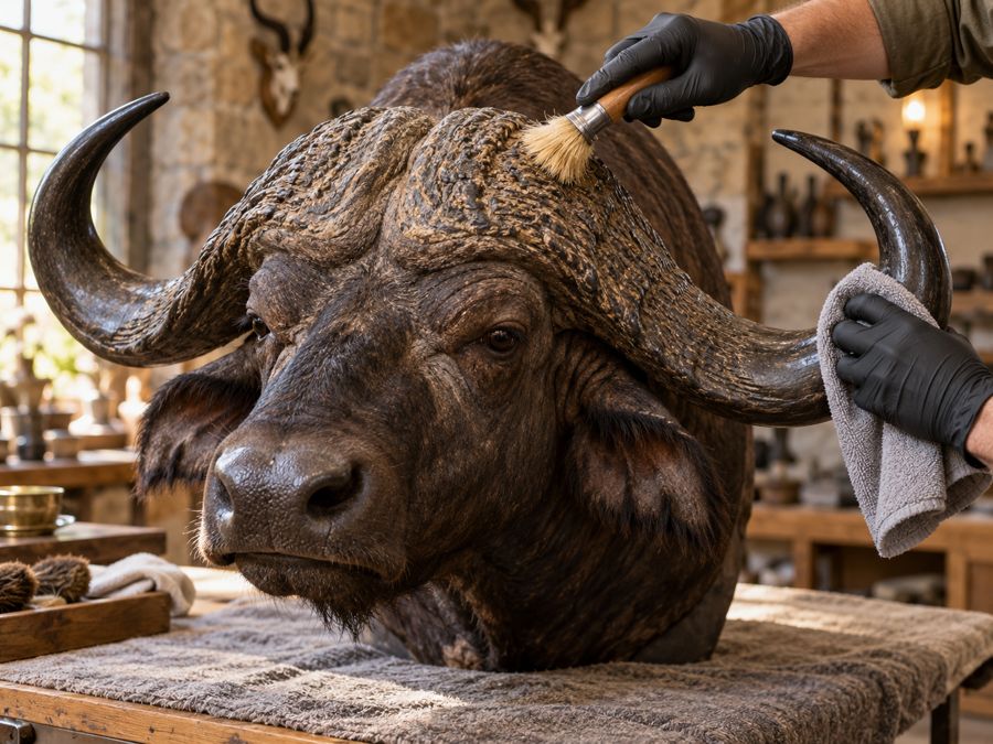 Cape buffalo mount having its horns and boss cleaned