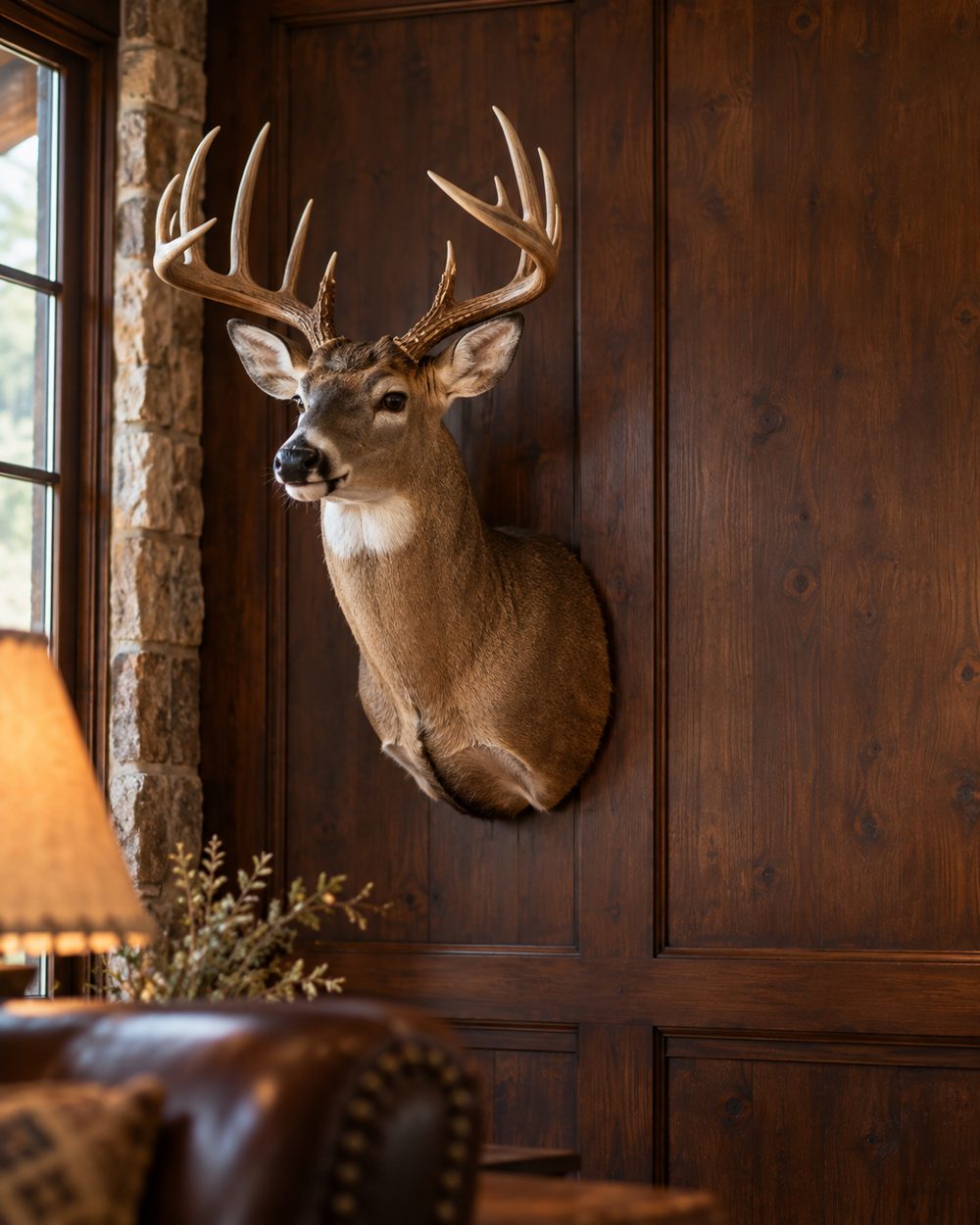 Whitetail deer shoulder mount on a wood-paneled wall in a Texas home
