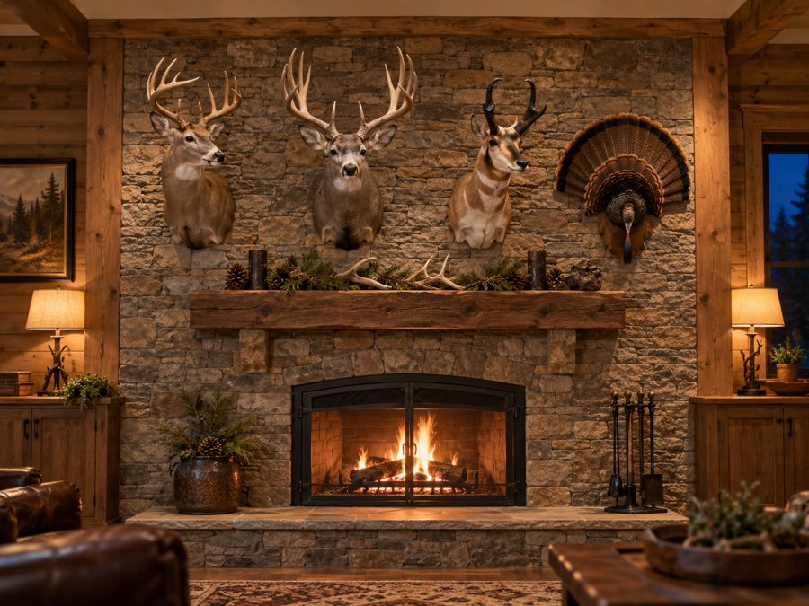 Whitetail, mule deer, pronghorn and turkey mounts above a stone fireplace