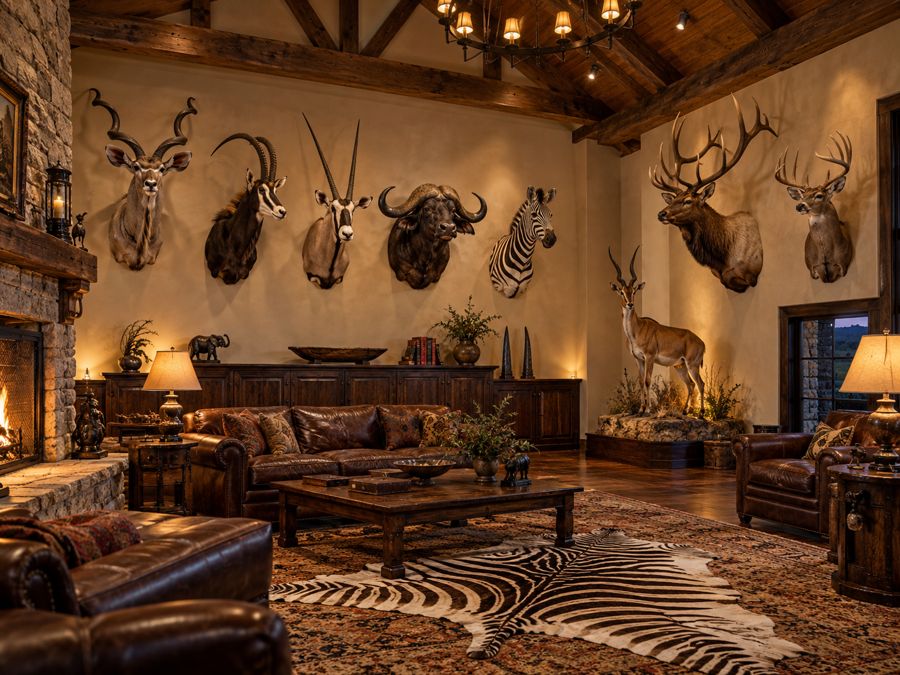 Trophy room with kudu, sable, oryx, Cape buffalo, zebra, elk and whitetail mounts