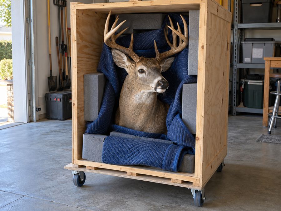 Whitetail mount padded in a wooden crate in a home garage