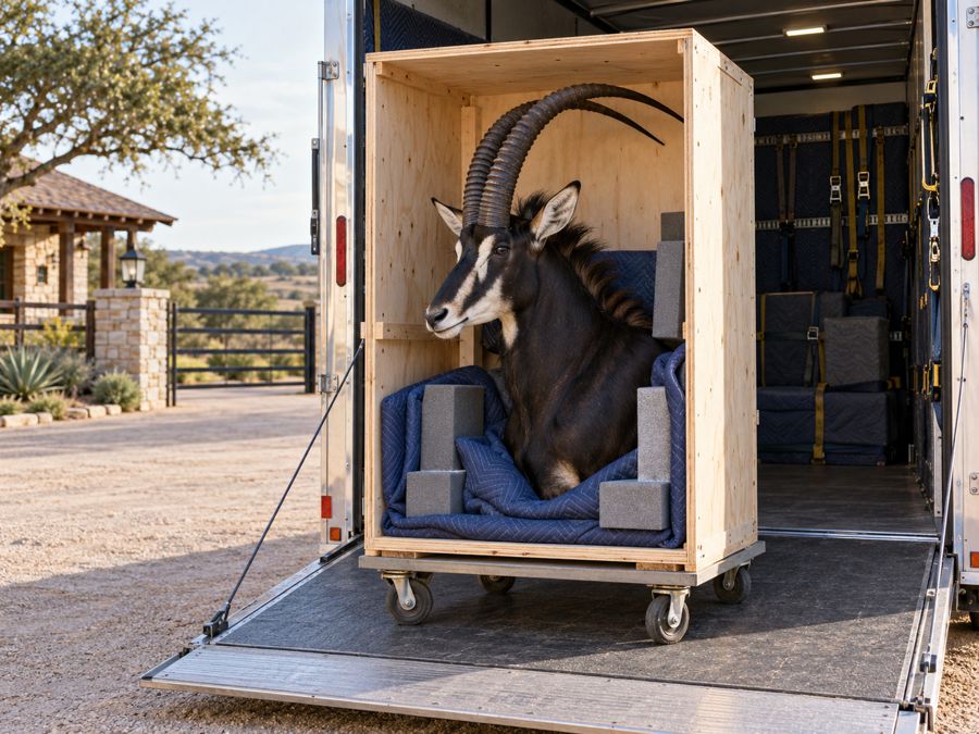 Sable antelope mount crated at the ramp of an enclosed trailer