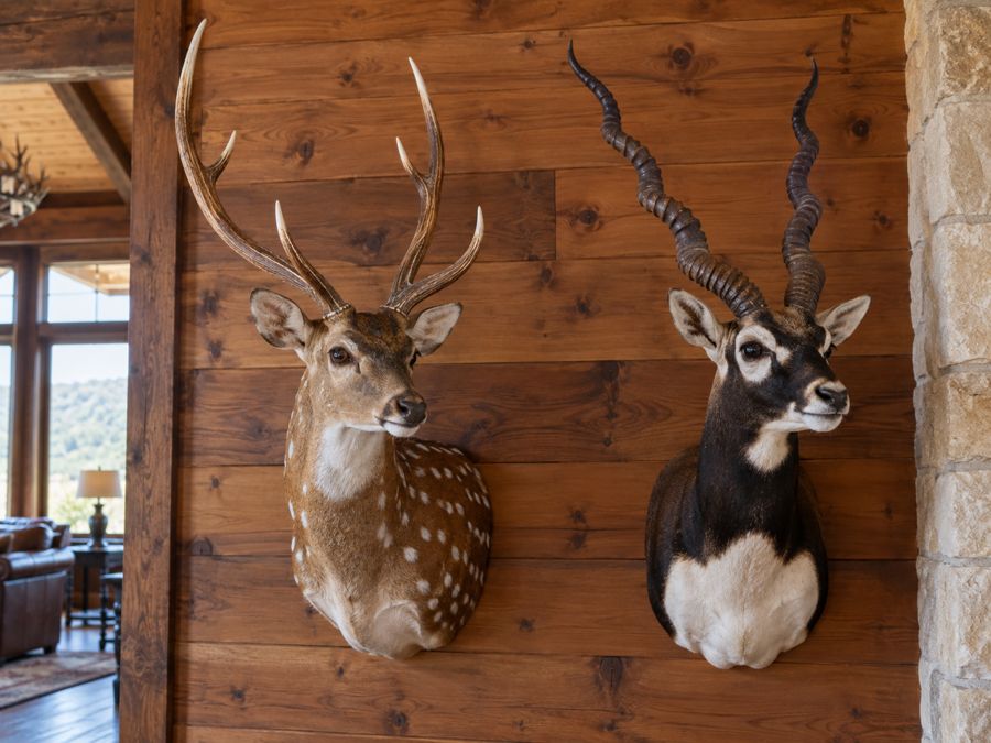 Axis deer and blackbuck shoulder mounts on a cedar wall in a Texas hill country ranch house